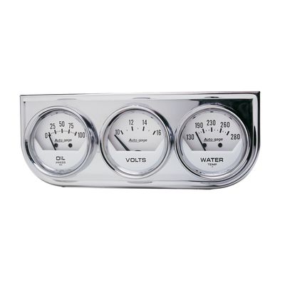 GAUGE CONSOLE; OILP\/WTMP\/VOLT; 2in.; 100PSI\/280deg.F\/16V; WHT DIAL; CHROME BZL;